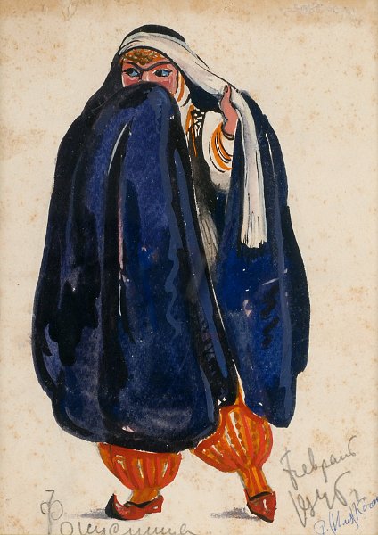 Custume design for Puskin play (Illusionist girl) 1946 gouache 26x15
